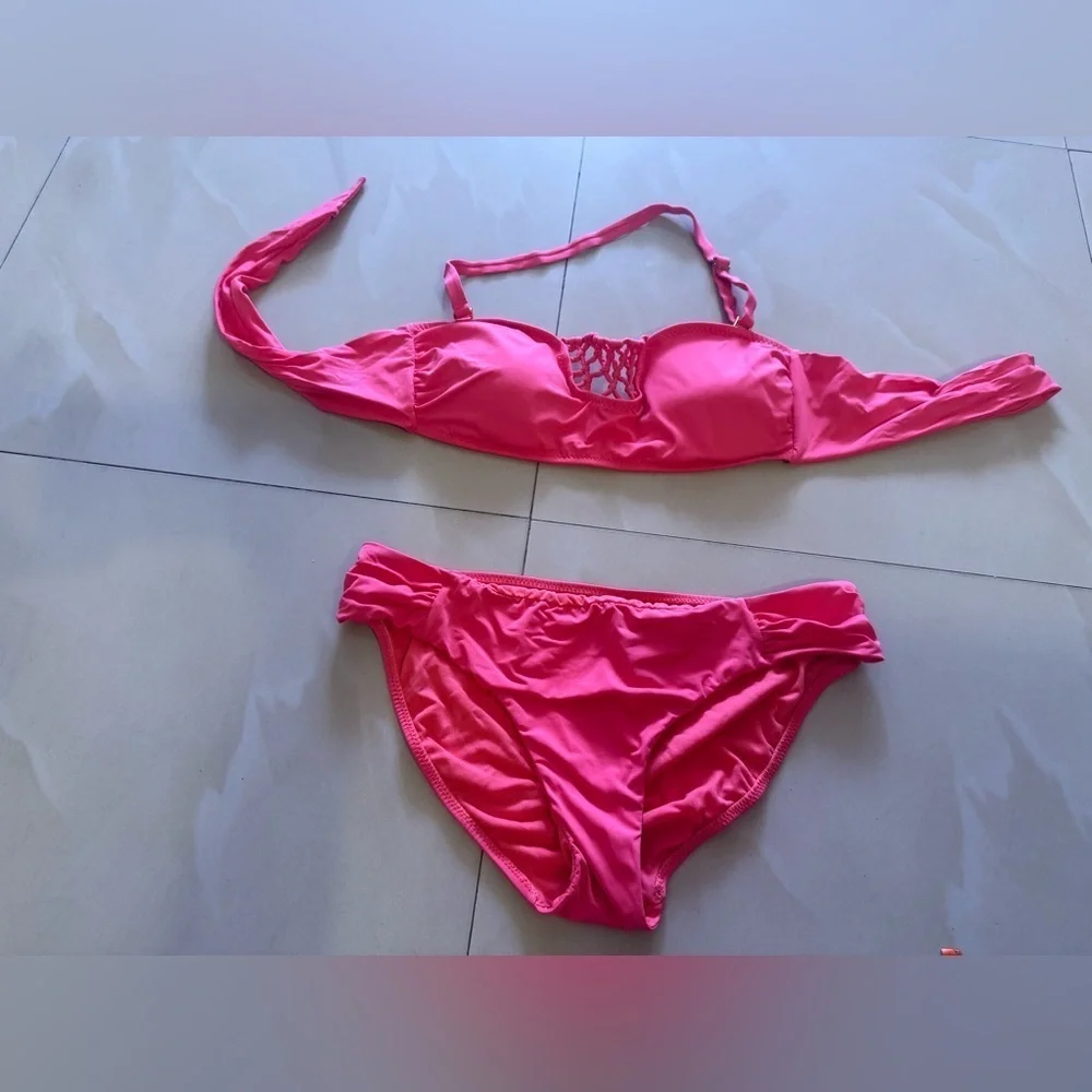 Bikini Set Leilani swimsuit set strapless Tie top bikini button Hot pink 10